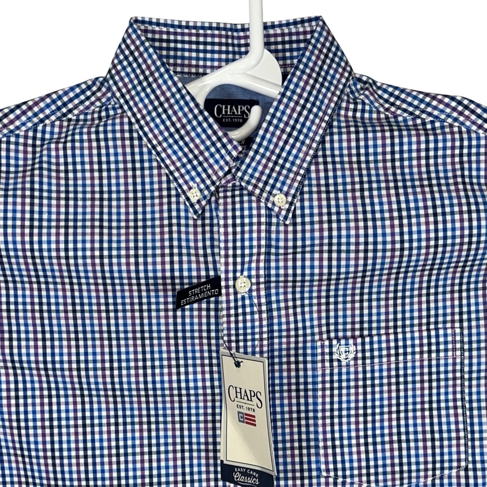 Chaps Mens Easy Care Stretch Gingham Button Down Shirt‎ Deep Lavender Blue M New
